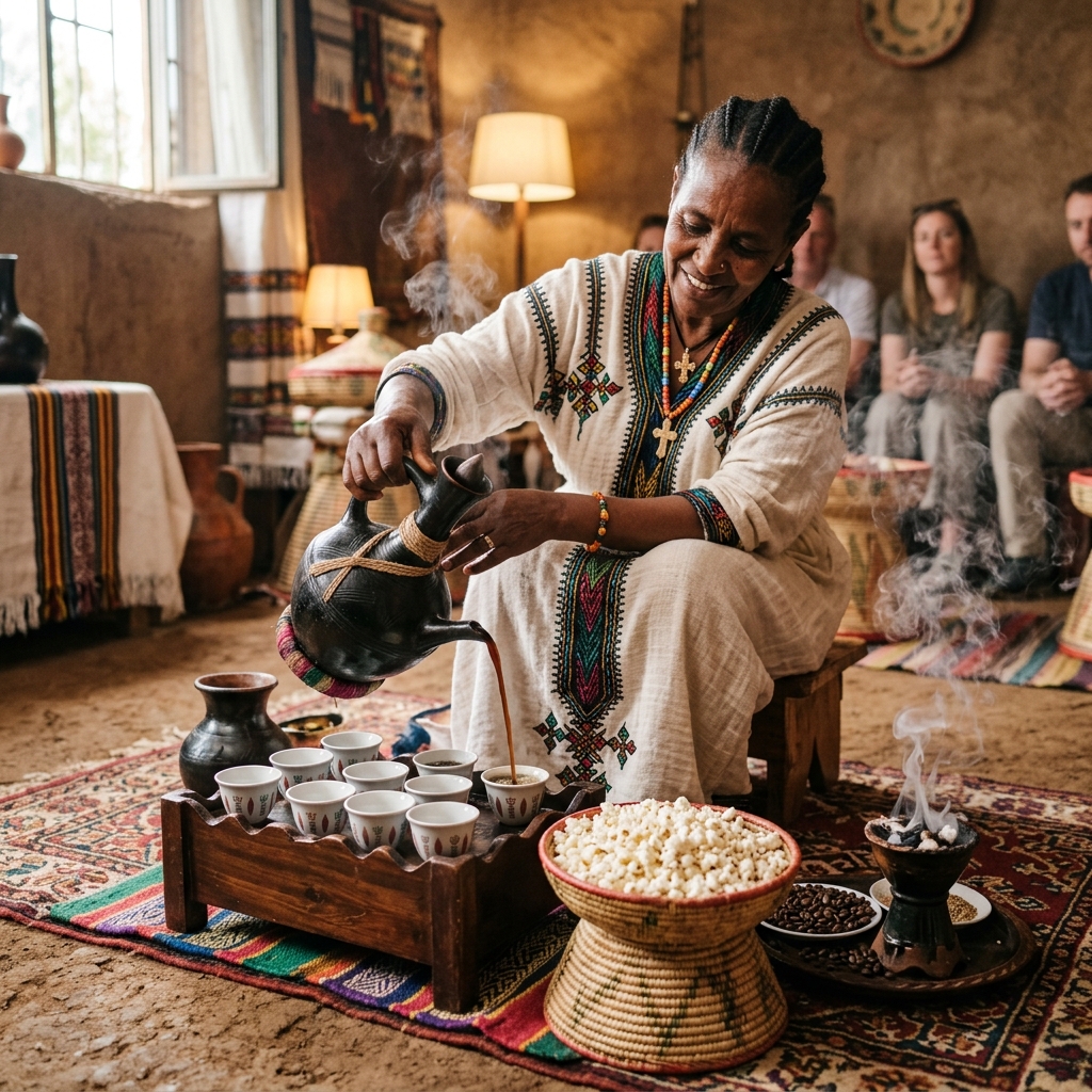 Traditional Ethiopian Coffee Ceremony (Bunna) showing coffee being poured from a Jebena